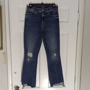 MOTHER  Jeans in Distressed Blue  Insider Crop Step Chew